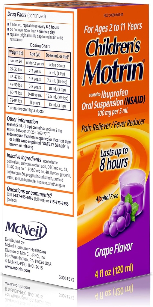 Motrin Children's Oral Suspension Grape Flavor - 4 oz, Pack של 4