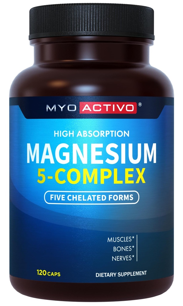 5-in-1 Magnesium Complex - High Absorption - Chelated Magnesium Glycinate, Malate, Citrate, Tairate, & Aspartate for Nerves, השרירים, העצמות | 120 קפסולות | מגנזיום
