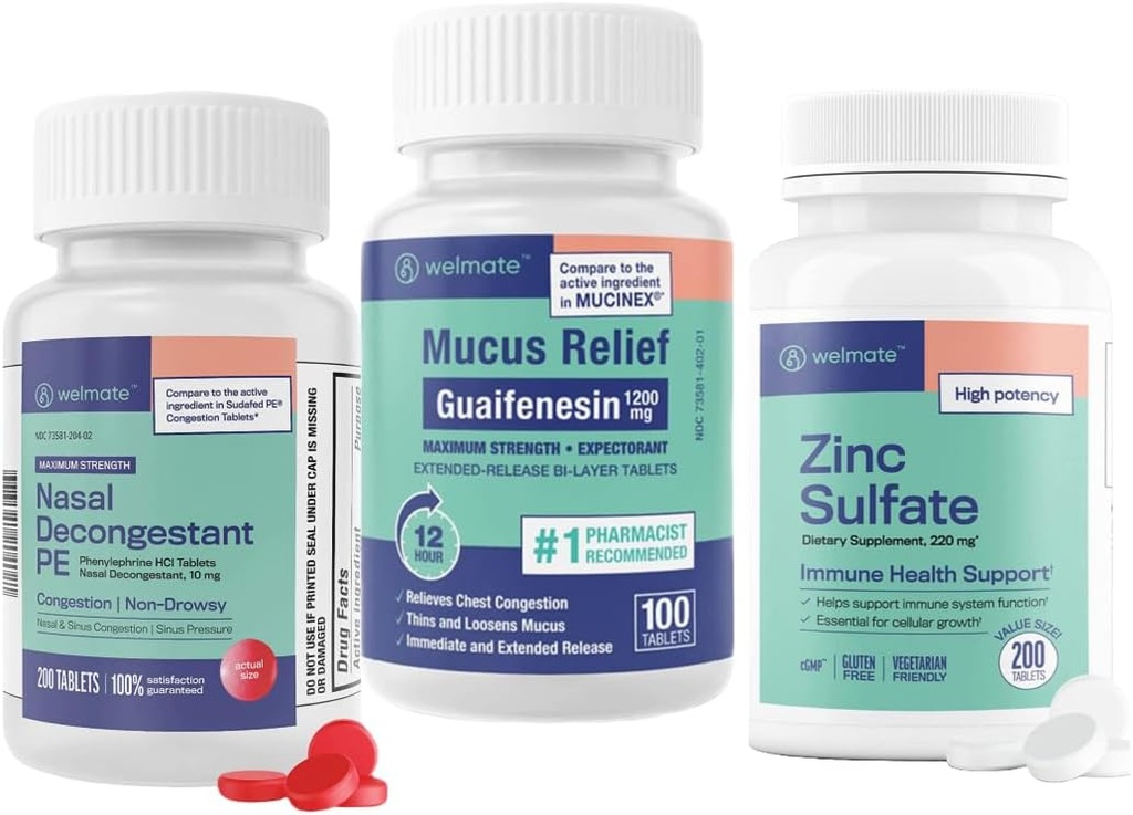 WeLMATE Ultimate Cold & Allergy הקלה Bundle: כוח מקסימלי גוורפינין 1200 Mg Mucus הקלה (100 טבליות), Phenylephrine HCl 10 מ"ג Nasal Decongestant (200 טבליות) & Zinc Sulfate 220 מ"ג