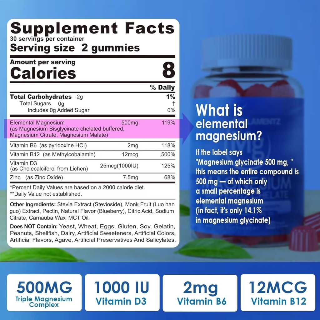 Magnesium תוסף 500 מ"ג, Magnesium Complex Gummies w / מגנזיום Glycinate, Malate, Citrate, D3, B6, B12 for Sleep, Migraine Relief, שריר ועצמות, Absorption Magnesium, 2 Pack תוסף