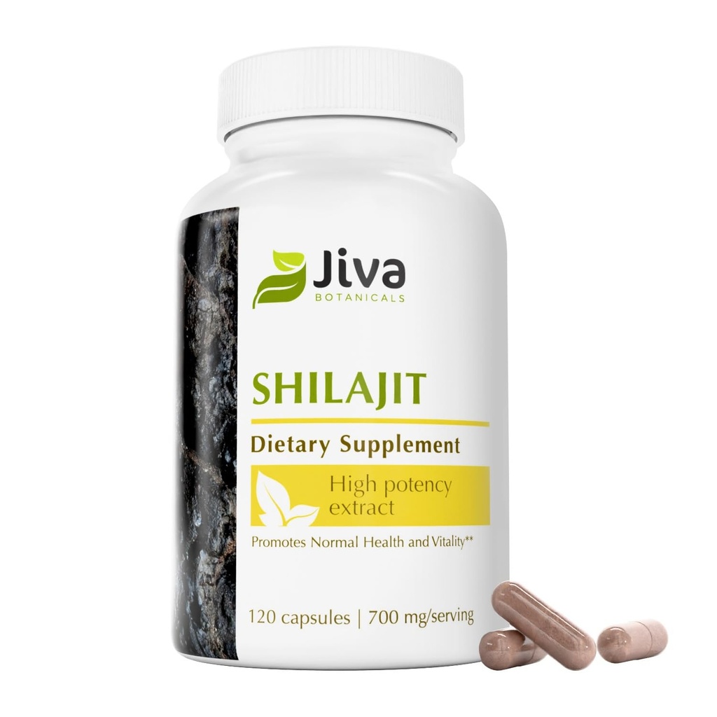 Jiva הבוטנים Premium Shilajit תוסף 700 מ"ג - Shilajit קפסולות לחלץ עם מינרלים, Fulvic / Homic Acid for Immune Support & Nomal Digestive Health - 120 קפסולת טבעונית (Pack של 1)