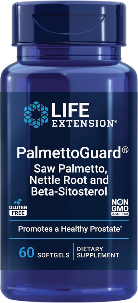 Life Extension PalmettoGuard® Saw Palmetto, Nettle Root ו- Beta-Sitosterol, תומך בפונקציה יעילה וההורמון מטאבוליזם, 160 מ"ג של Saw Palmetto for Men, Gluten-Free, non-GMO, 60 רכות