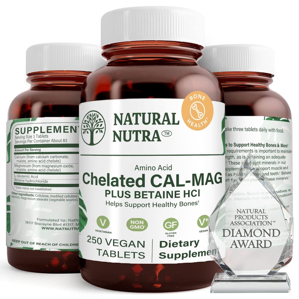 טבעי Nutra Chelated Calcium Magnesium 1000 /500 מ"ג תוספת פלוס Betaine HCL - Chelated Cal Mag משפר העצמות, תומך שריר, שיניים, Cardiovascular & Nerve בריאות, 250 טבליות טבעוניות