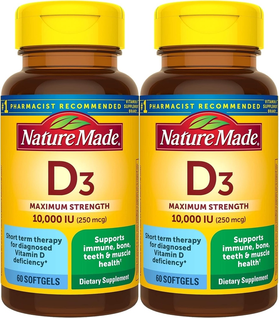 הטבע עשה ויטמין כוח מקסימלי D3 10000 IU (250 mcg), תוספי תזונה עבור העצם, השיניים, השרירים ו- Immune בריאות תמיכה, 60 Softgels, 60 יום אספקה - אריזה של 2