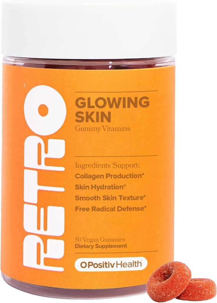 O Positiv RETRO Gummy Glowing Skin ויטמינים לייצור קולגן - Astaxanthin, ויטמין E, Bamboo Extract, Hibiscus & ויטמין C - חניכיים עור טבעוניות עבור Smooth Skin & Hydration, 50 Count (Pack of 1)