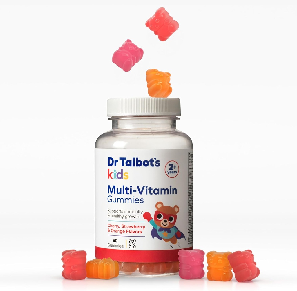 ד"ר Talbot's Kids Multi-Vitamin Gummies - ויטמין A, C, B-12, Zinc Immunity and growth Support for Children - 60 מסטיקים - 2+ שנים - סטרוברי, צ'רי ו- Orange Flavors