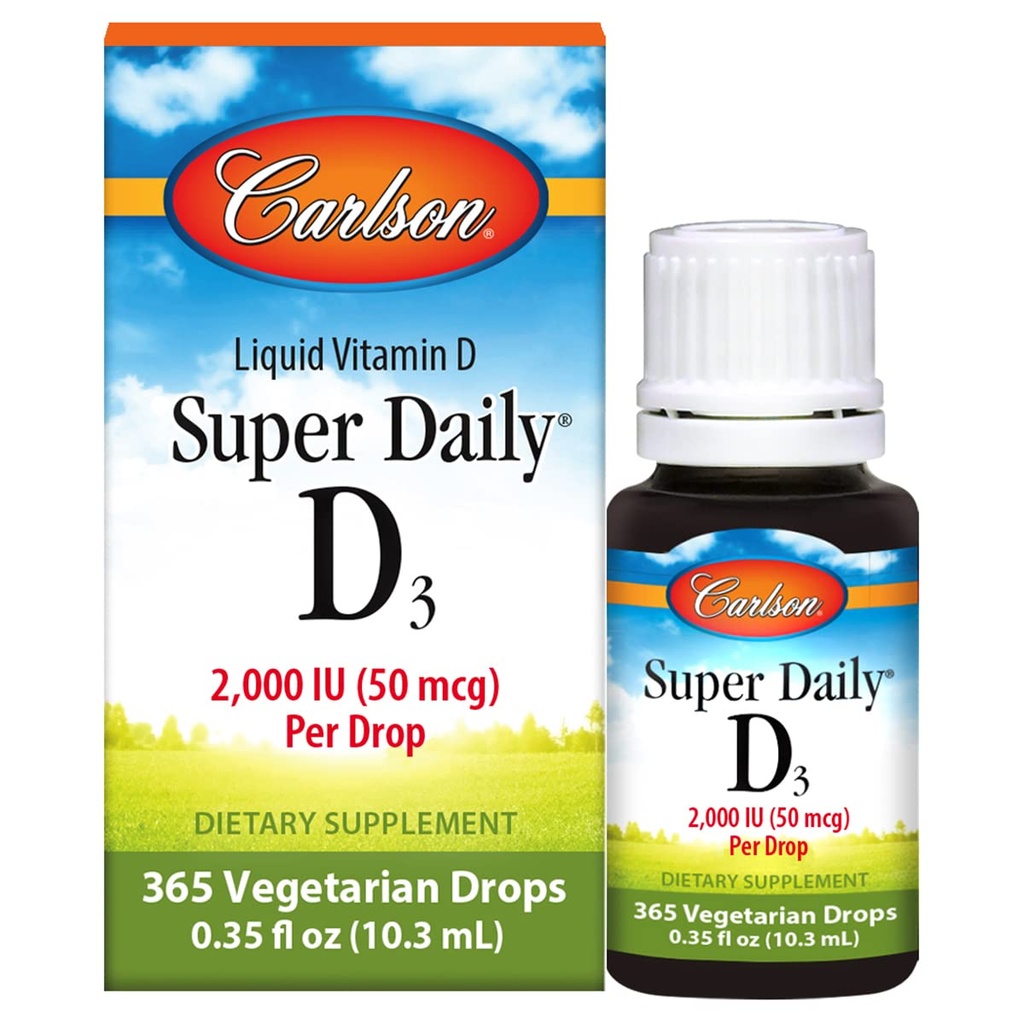 קרלסון - Super Daily D3, ויטמין D Drops, 2,000 IU ל Drop, 1 שנים אספקה, ויטמין D3 נוזל, Heart & Immune Health, Vegetarian, Yellow D טיפות, Unflavored, 365 טיפות