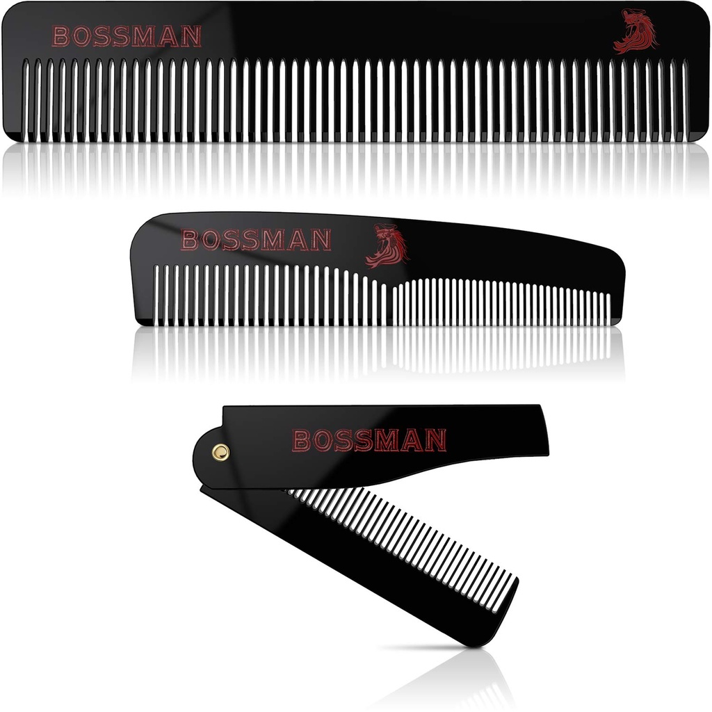 בוסמן Acetate Beard, Mustache, & Hair Comb Set of 3 - Combs for Men with Minimalistic מגנטי Box (7.5-Inch, 5-Inch, 3.5-Inch) - תכונות שיניים עגולות, שיניים כפולות-Sided ו- Foldable Designable Designable Designable Design