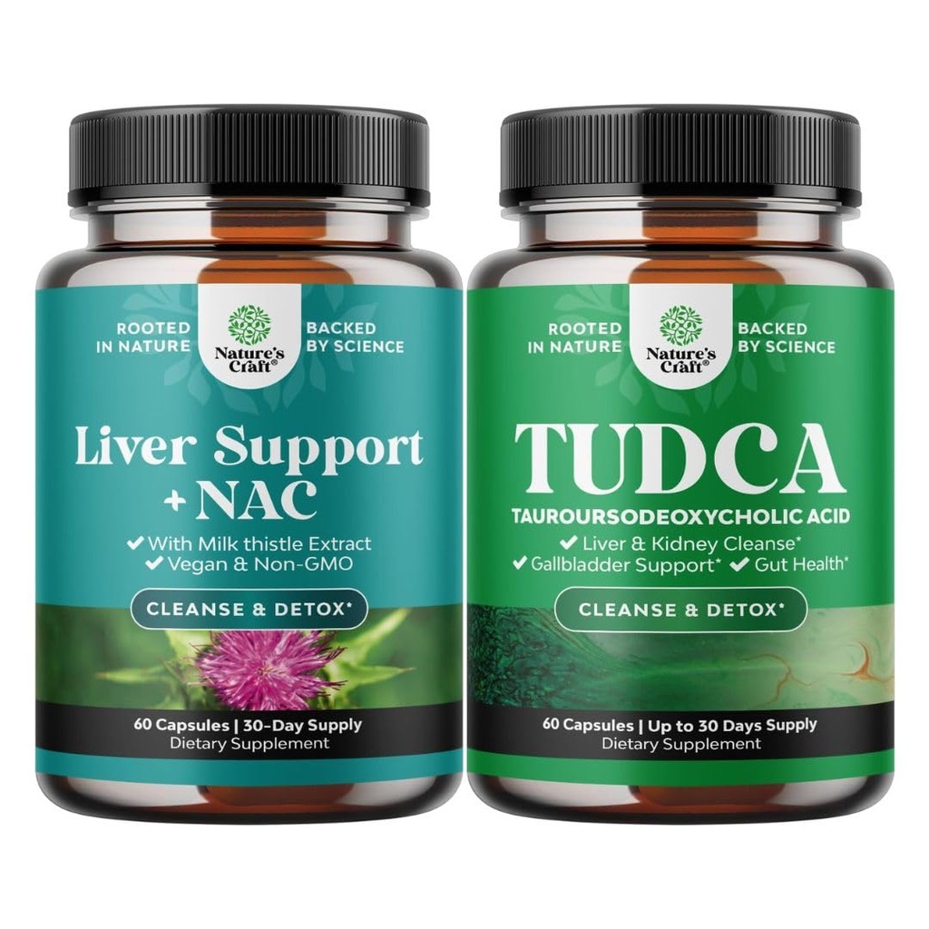Bundle of Liver Support NAC Supplement with Milk Thistle for Liver Cleanse Detox & Repair - N Acetyl Cysteine and Advanced Bile Salt TUDCA Supplement - High Purity Tauro Ursodeoxycholic Acid