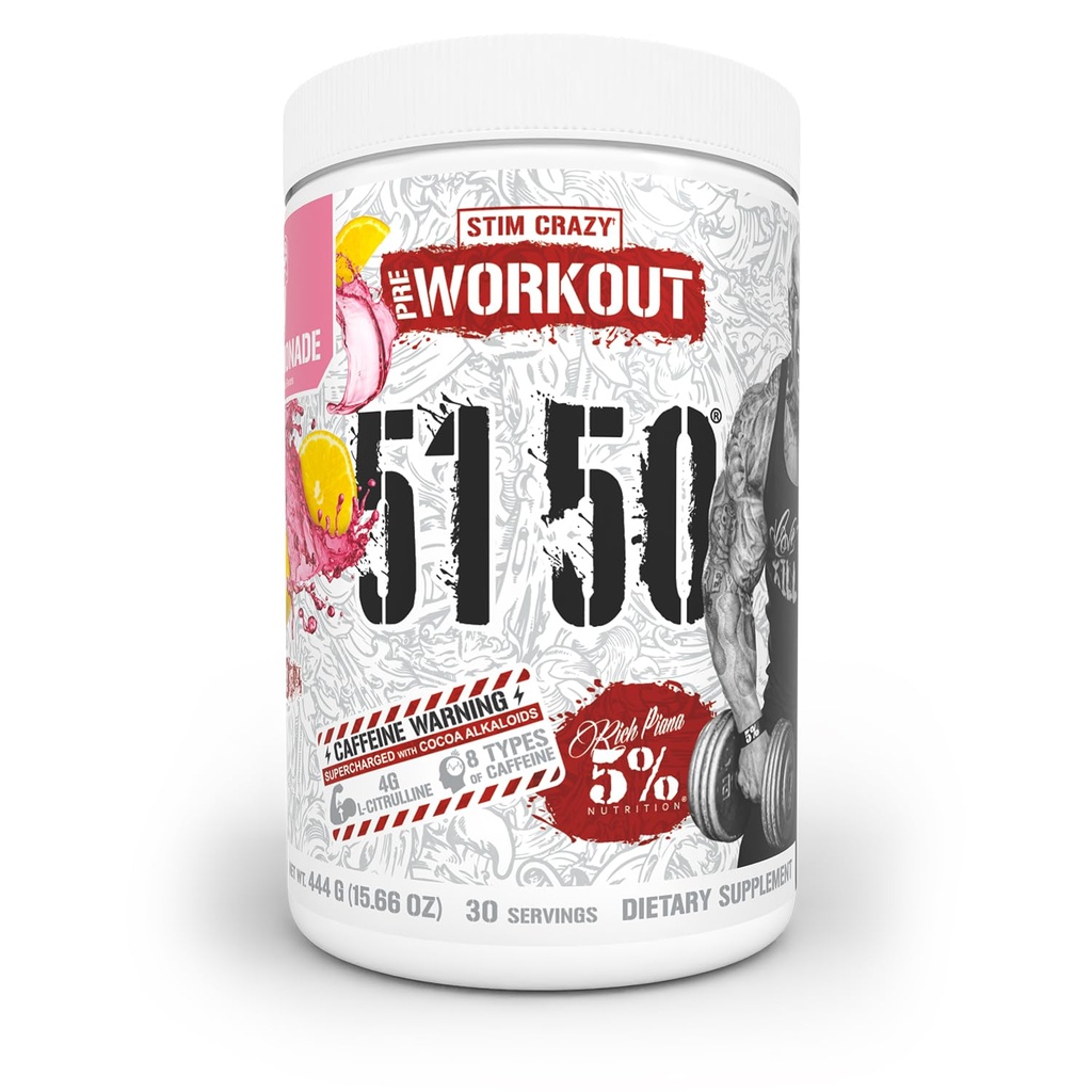 5% תזונה עשירה Piana 5150 High Stim Pre-Workout אבקה | אנרגיה קיצונית, פוקוס, משאבות & Endurance | 400 מ"ג Caffeine, Citrulline, Alanine, N-Acetyl L-Tyrosine | 30 Srvgs (Pink Lemonade)