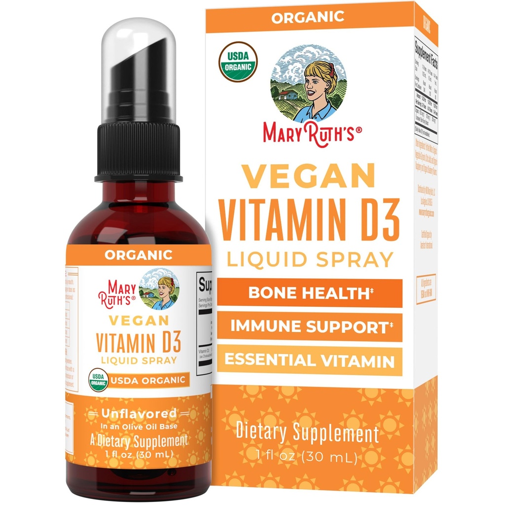 MaryRuth Organics ויטמין D USDA אורגני | VIT D3 נוזל | סוכר חינם | VIT D Spray Immune Support for Adults & Kids | Bone Health