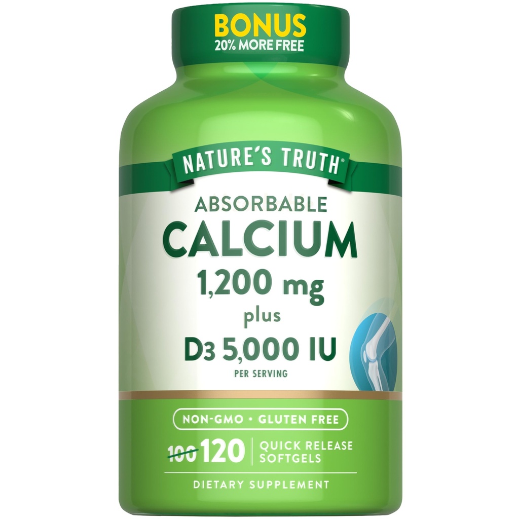 האמת של הטבע: Calcium 1200 מ"ג עם ויטמין D3 5000 IU | 120 Softgels | Calcium Carbonate | Non-GMO & Gluten Free Supplement