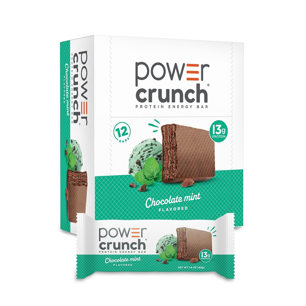 Power Crunch חלבונים Wafer Bars, חטיפים חלבונים גבוהים עם טעם טעים, שוקולד Mint, 1.4 אוונס (12 Count)