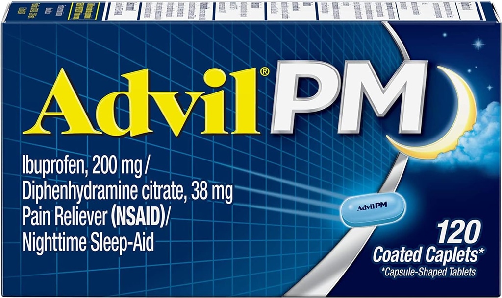 עו"ד PM (120 Count) כאב Reliever / Night Sleep Aid Coated Caplet, 200 מ"ג Ibuprofen, 38mg Diphenhydramine (Pack of 2)
