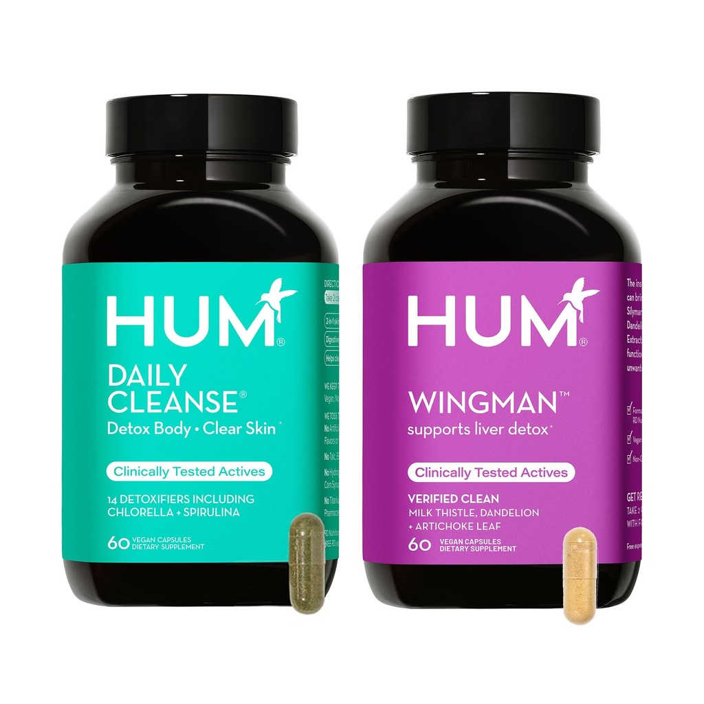 HUM Full Skin and Liver Health Supplement from Nutrition, Wingman ו-Daily Cleanse A Green Detox & Milk Thistle for Skin Care Support and Liver Health, 2 Pack Bundle, 60 קפסולות טבעוניות