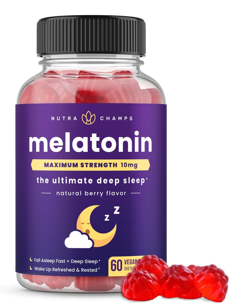 NutraChamps Melatonin Gummies למבוגרים, תוספת כוח שינה ויטמין, 5 מ"ג או 10 מ"ג Dose, Natural Strawberry Flavor תוספת עבור שינה טובה, מחזורי שינה בריאים, 60 מסטיקנים