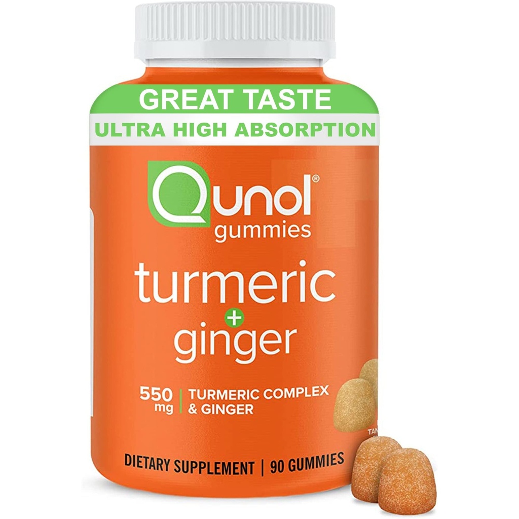 Qunol Turmeric וג'ינג'ר חניכיים - תוספת תמיכה משותפת עם Ultra High Absorption, 90 Count Vegan ו Gluten Free Gummies