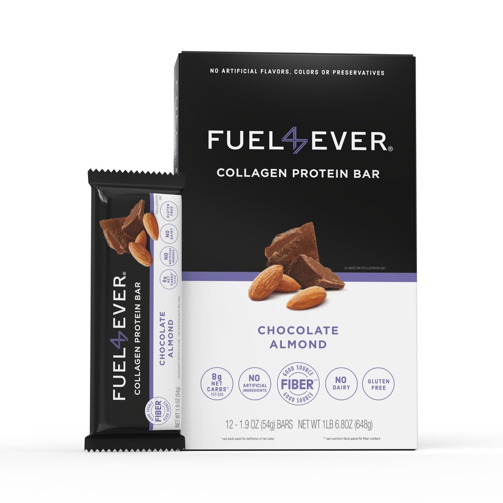 דלק 4 Ever Collagen חלבונים Bars | 14G חלבון, Gluten Free, Milk Free, No Stevia או Artificial Ingredients הוסיף, Sweetened with Honey | שוקולד Almond Flavor (Box of 12)