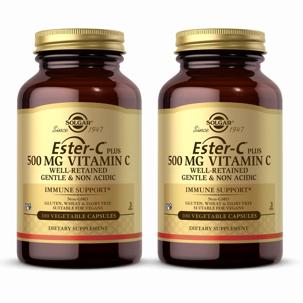 Solgar Ester-C Plus 500 מ"ג ויטמין C (Ascorbate Complex) - 100 קפסולות ירקות, Pack of 2 - Antioxidant & Immune Support - Non GMO, טבעוני, Gluten Free, כשר - 200 המשרתים מוחלטים
