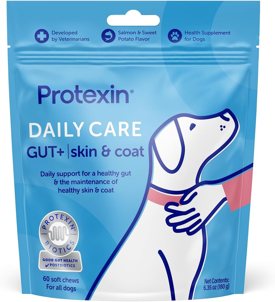 Protexin Daily Care Gut+ Skin & Coat | 60 כלבי צ'יפס, סלמון וטעם כלבים מתוקים | Probiotics for Dogs, Dog Postbiotics
