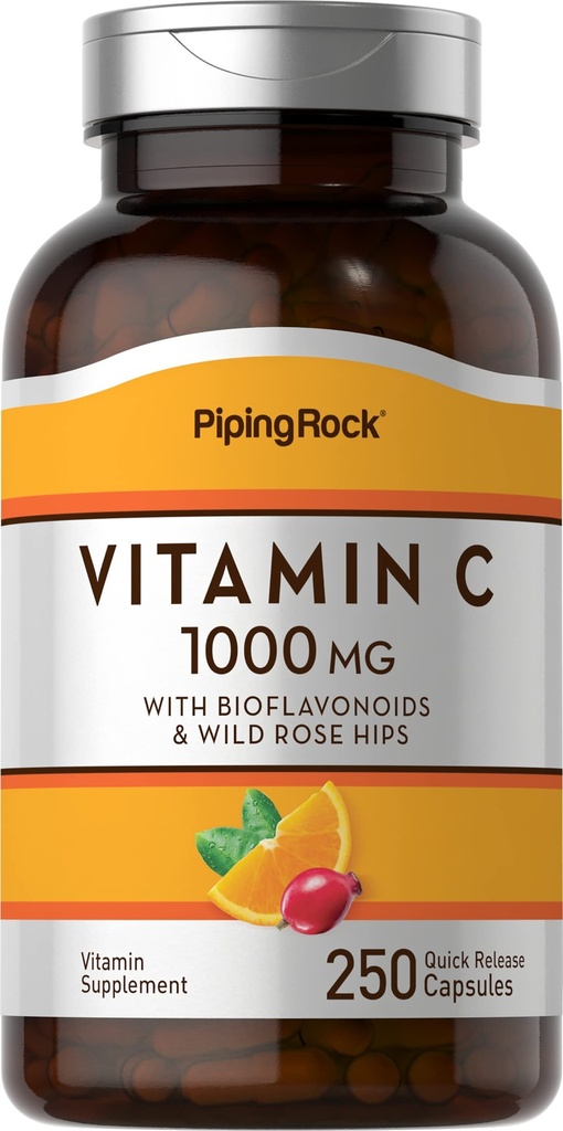 Piping Rock ויטמין C 1000 מ"ג | 250 קפסולות | עם bioflavonoids ו Rose HIPS | תוספת לנשים וגברים | Non-GMO, Gluten Free