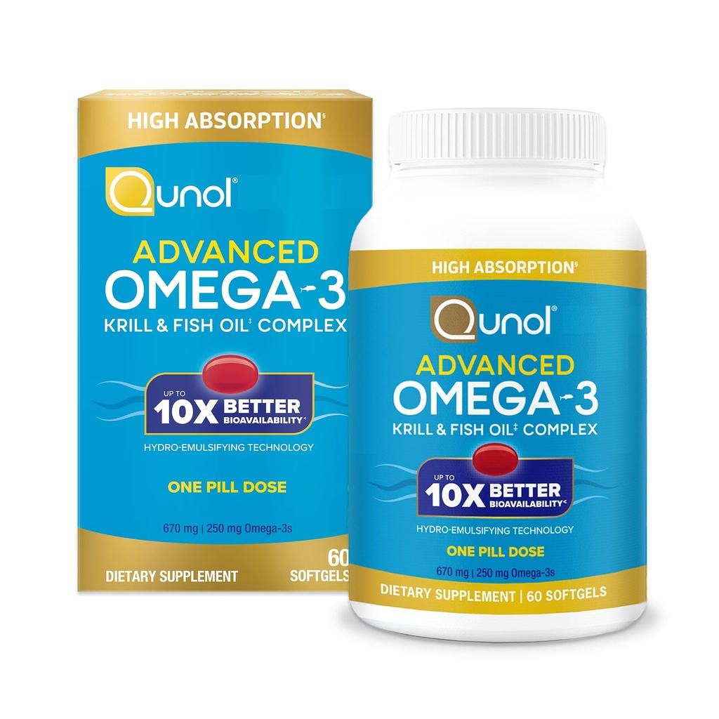 Qunol מתקדם אומגה 3 קריל ושמן דגים מורכבים, 10x Better Bioavailability, One Pill Dose, 250 מ"ג EPA & DHA, תומך המוח, העין, הלב והבריאות המשותפת, 60 הרוזן (Pack of 1)