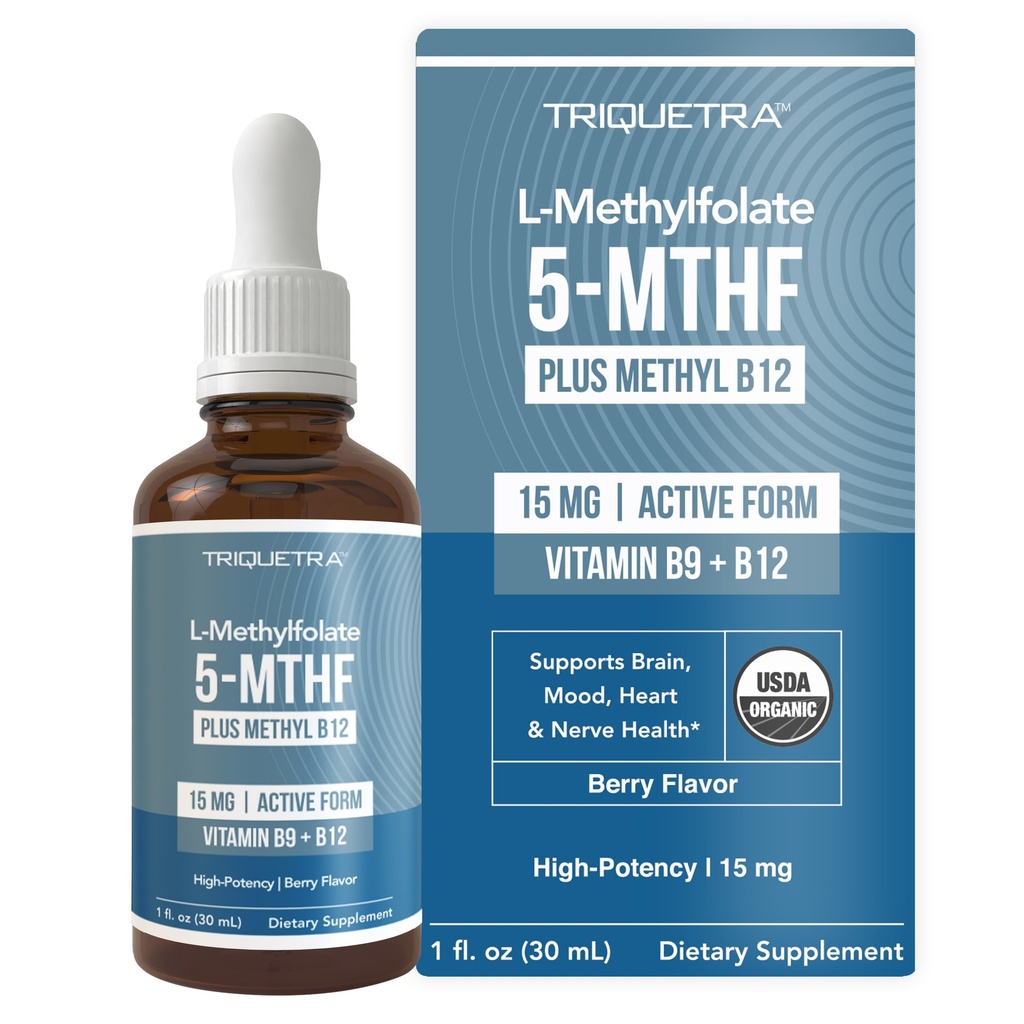 L Methyl Folate 15mg Plus Methyl B12 Cofactor - אורגני ברי פלאמור, High Potency נוזל sublingual Active 5-MTHF טפסים - תמיכה Mood, Methylation, Cognition - Bioactive Forms ויטמין B9 & B12 (1oz)