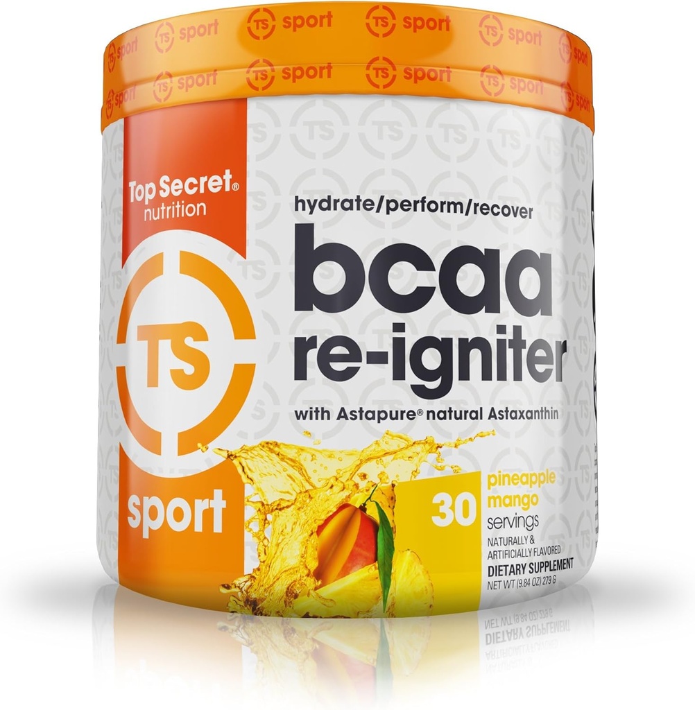 Top Secret Nutrition BCAA Re-Igniter טבעוני Amino Acid תוספת עם Astaxanthin ו Electrolyte, הידרציה עם מים קוקוס, 9.84 oz (30 מנות), Pineapple מנגו