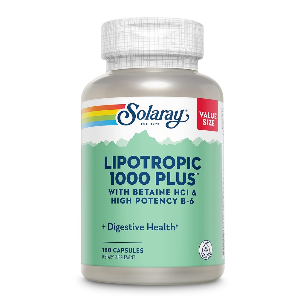 SOLAרי Lipotropic 1000 פלוס עם Betaine HCl & High Potency B-6, בריאות עיכול, אנרגיה, ותמיכה מטאבוליזם שומן, Lipotropic Complex Plus Aloe Vera, 60 יום ערב, 30 משרתים, 180 קפסולות