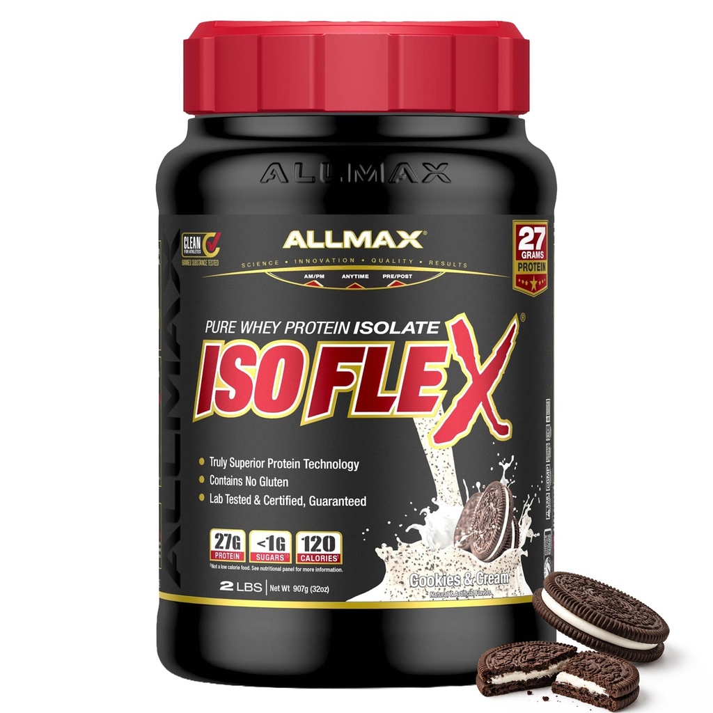 AllMAX Nutrition ISOFLEX חלבון Whey חלבון Isolate, קובצי Cookie & Cream - 2 lb - 27 גרמות של חלבון Per Scoop - Zero Fat & Sugar - 99% Lactose חינם - Gluten Free & Soy Free - Approximate 30 משרתות