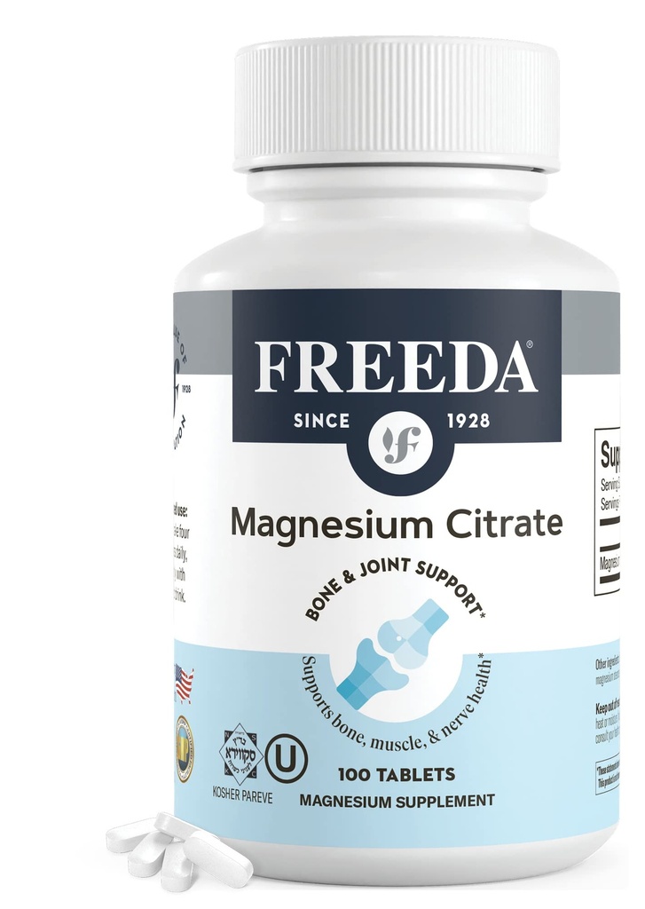 Freeda Magnesium Citrate 400 מ"ג טבליות - תוספת גבוהה Absorption עבור שריר, Nerve & מרגיע תמיכה - טבעוני, Gluten-Free, כשר - 100 Count