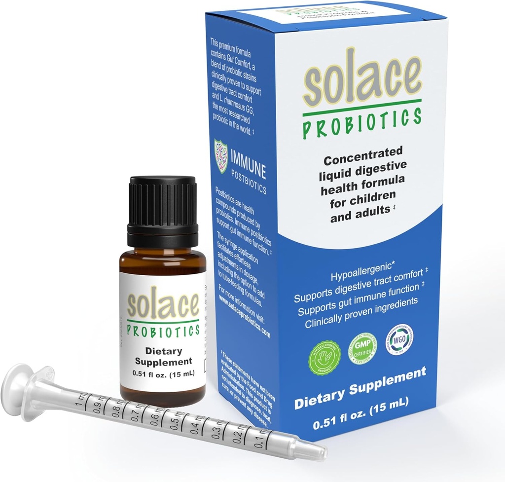 Solace Probiotics נוזל פורמולה למבוגרים ולילדים - תערובת מורחבת לבריאות העיכול ואינטימיות, קלינית מחקר, קל סירינג יישום, Hypoallergenic - 15mL