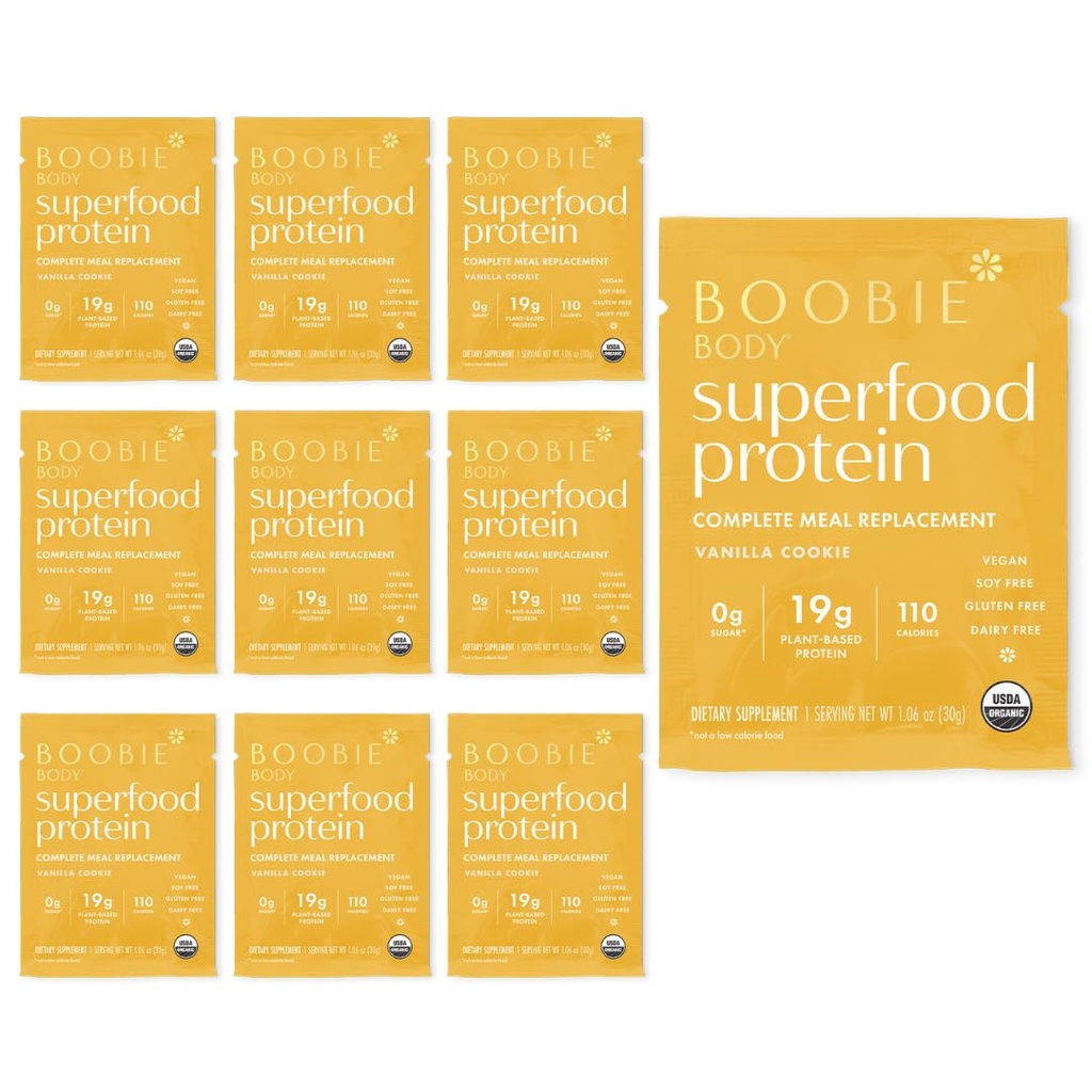 Boobie Body Superfood Protein Shake for Moms, הריון ו Lactation תמיכה אבקת חלבון כדי להגדיל את אספקת החלב, פרוביוטיקה, אורגני, חינם חלב, Gluten-Free vanilla Cookie Single Srv 10pkk