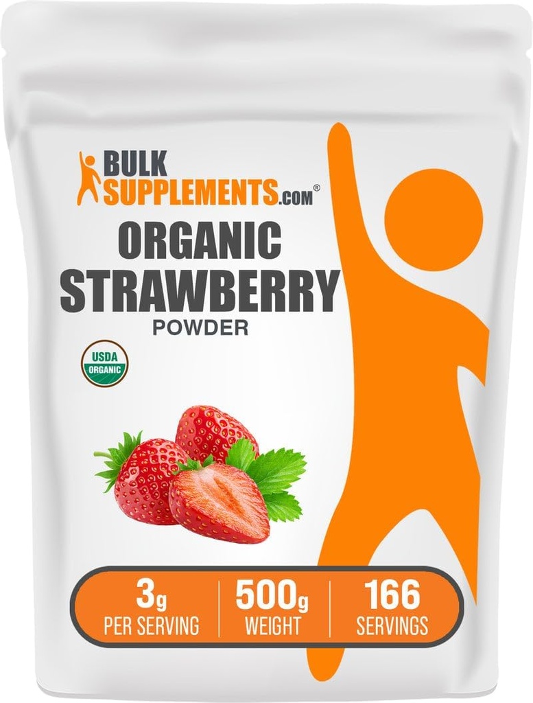 BulkSupplements.com Organic Strawberry אבקה - אבקת פירות אורגני סטרווגים - No Sugar added & Gluten Free, 3g לכל משרת, 500g (1.1 lbs) (Pack of 1)