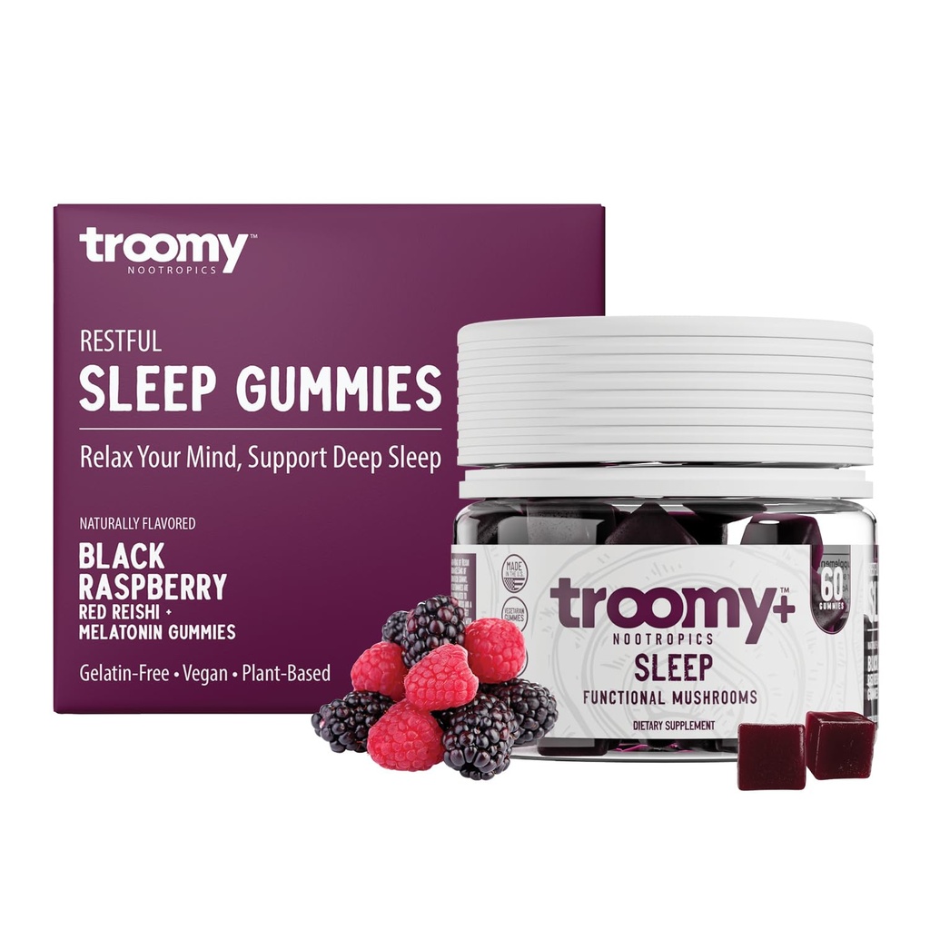 Troomy Sleep Reishi + Melatonin Great Tasting Mushroommies - תומך שינה ו Decrease מנוחה בלחץ - שחור פטל - 60 Count
