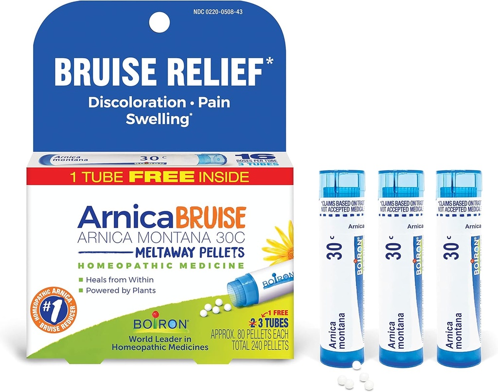 Boiron Arnica Bruise - Arnica מונטנה 30c להקלת כאב, Swelling ו Discoloration from Bruises - 3 Count (240 Pellets)