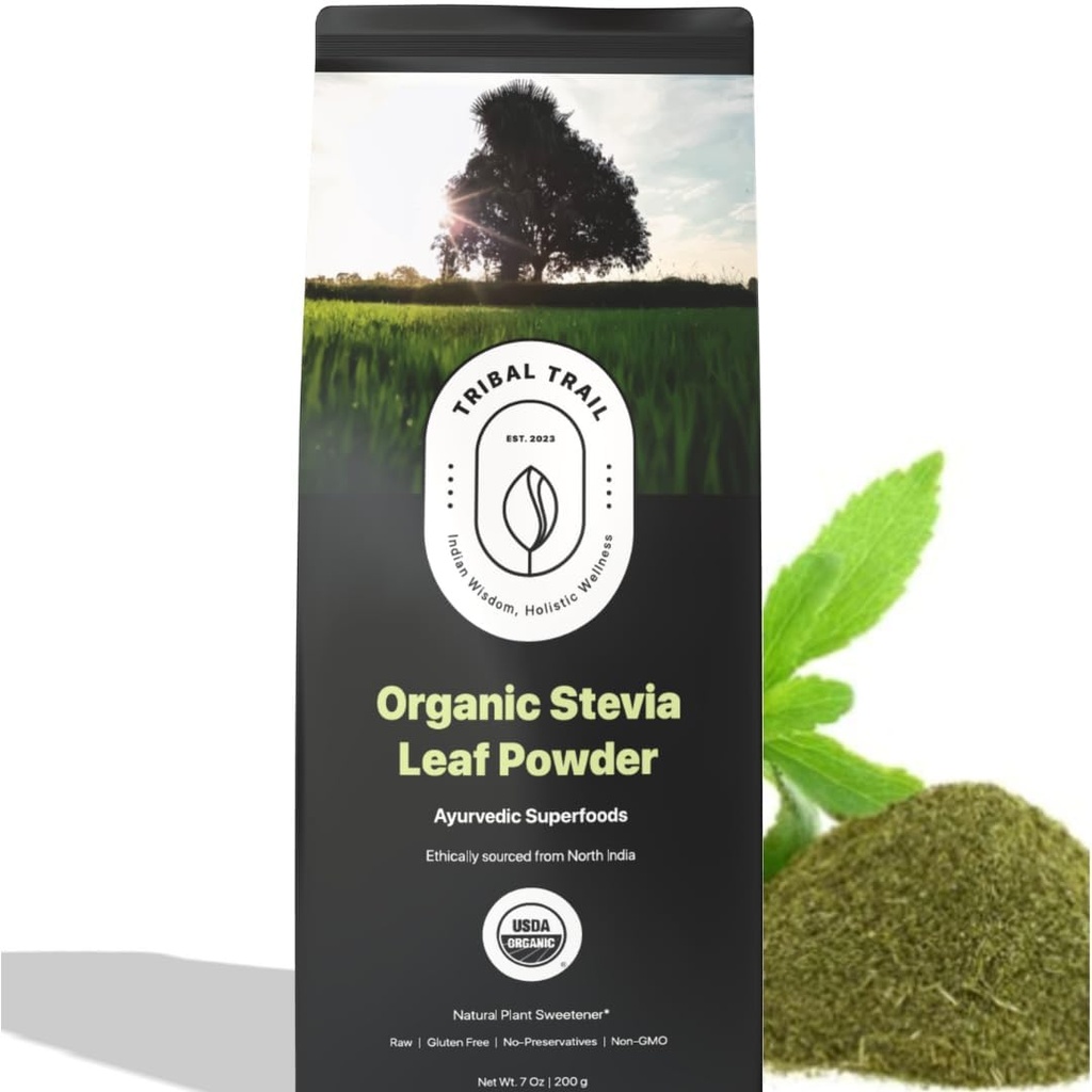 אבקת Stevia אורגנית | 7.05 oz | USDA אורגני & Non-GMO | מקור מוסרי מצפון הודו | Recyclable Kraft Bags | Natural Stevia | Plant Based Sugar Free Substitute