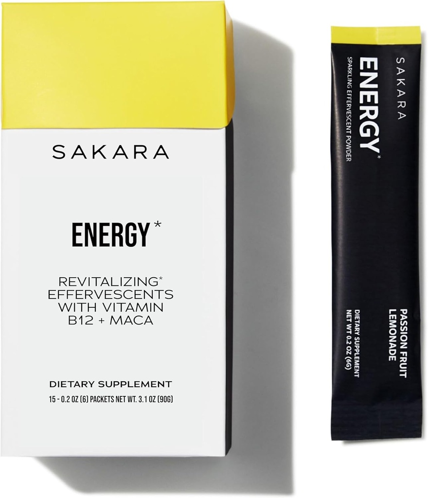 SAKARA Energy Effervescents, 15 Packets - Refined Sugar Free Electrolytes אבקת Packets עם ויטמין B12 & L Theanine, Flavored Water Packets, אבקת הידרה, משקאות אנרגיה