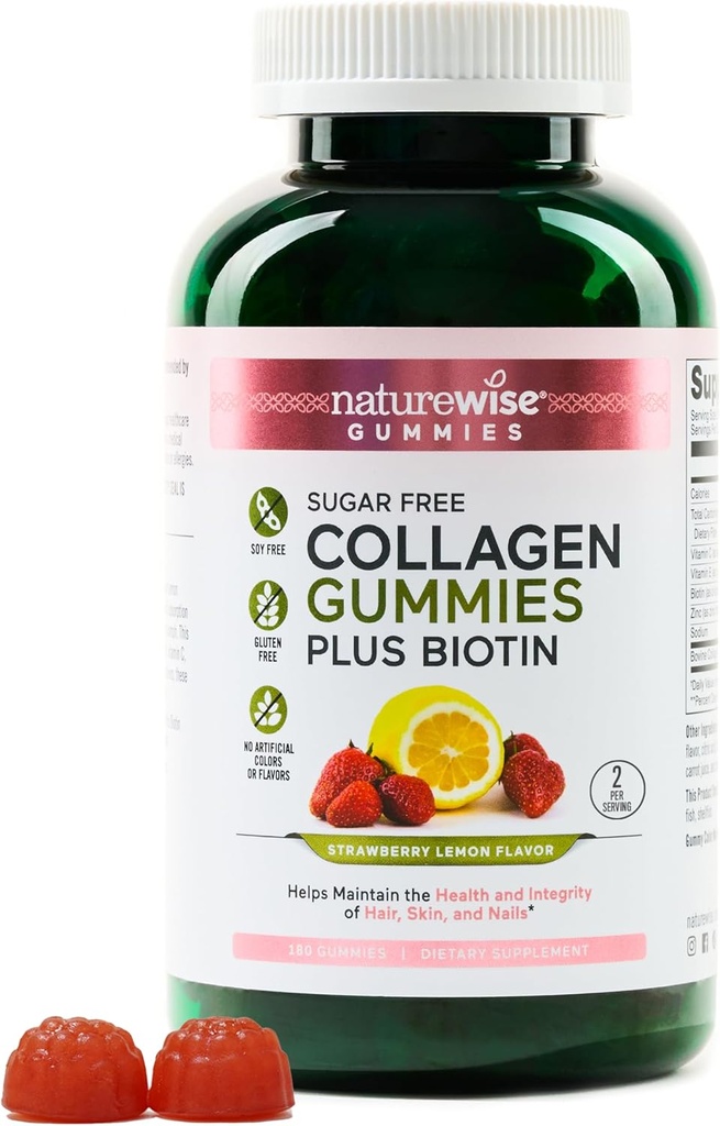 NatureWise Collagen Gummies - Sugar-Free hydrolyzed Collagenmies - סוג 1 ו 3 פפטים עבור נשים + ביוטין, ויטמין C, E, & Zinc for Hair Skin and Nails Support - 180 Count[עריכת קוד מקור | עריכה]