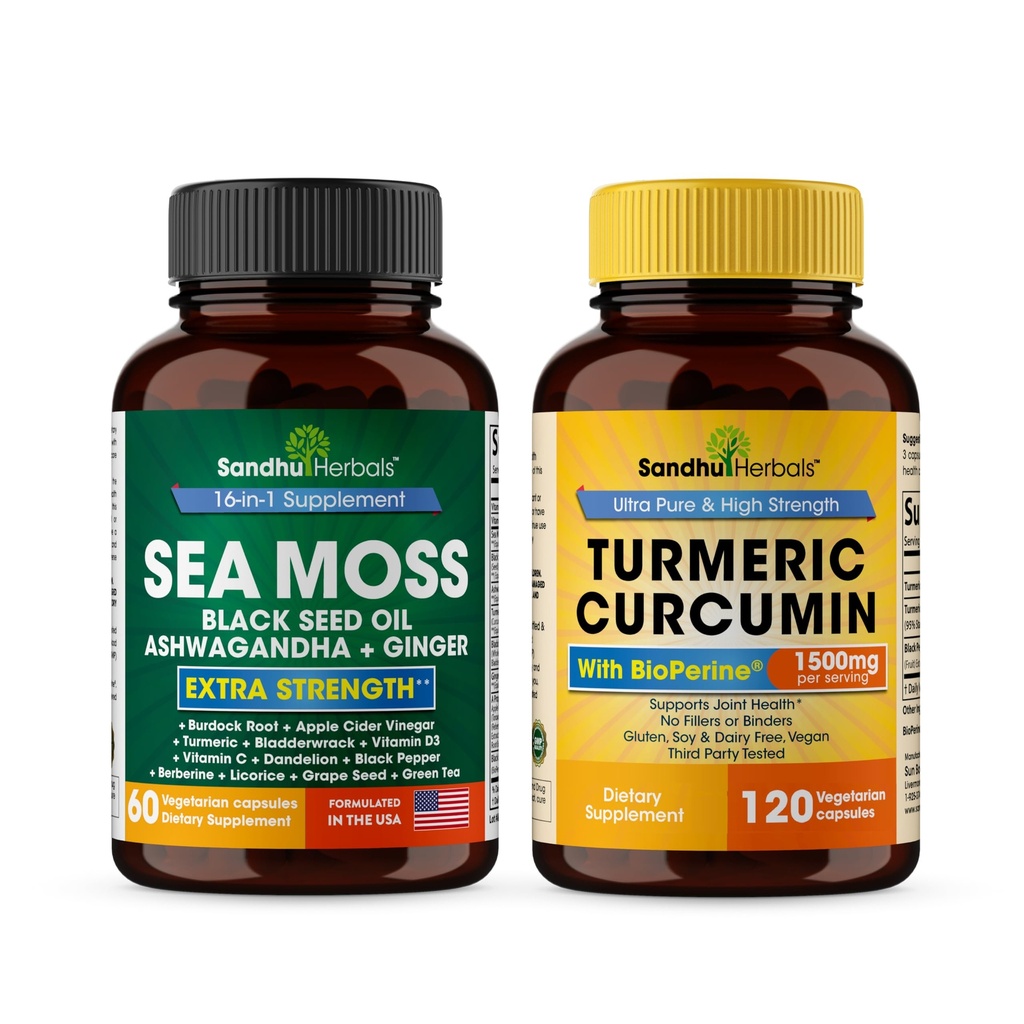 Sandhu Herbals Seamos & Turmeric Curcumin with bioperine קפסולות | תמיכה Immune, Digestive, Cognitive, Skin & Hair Health