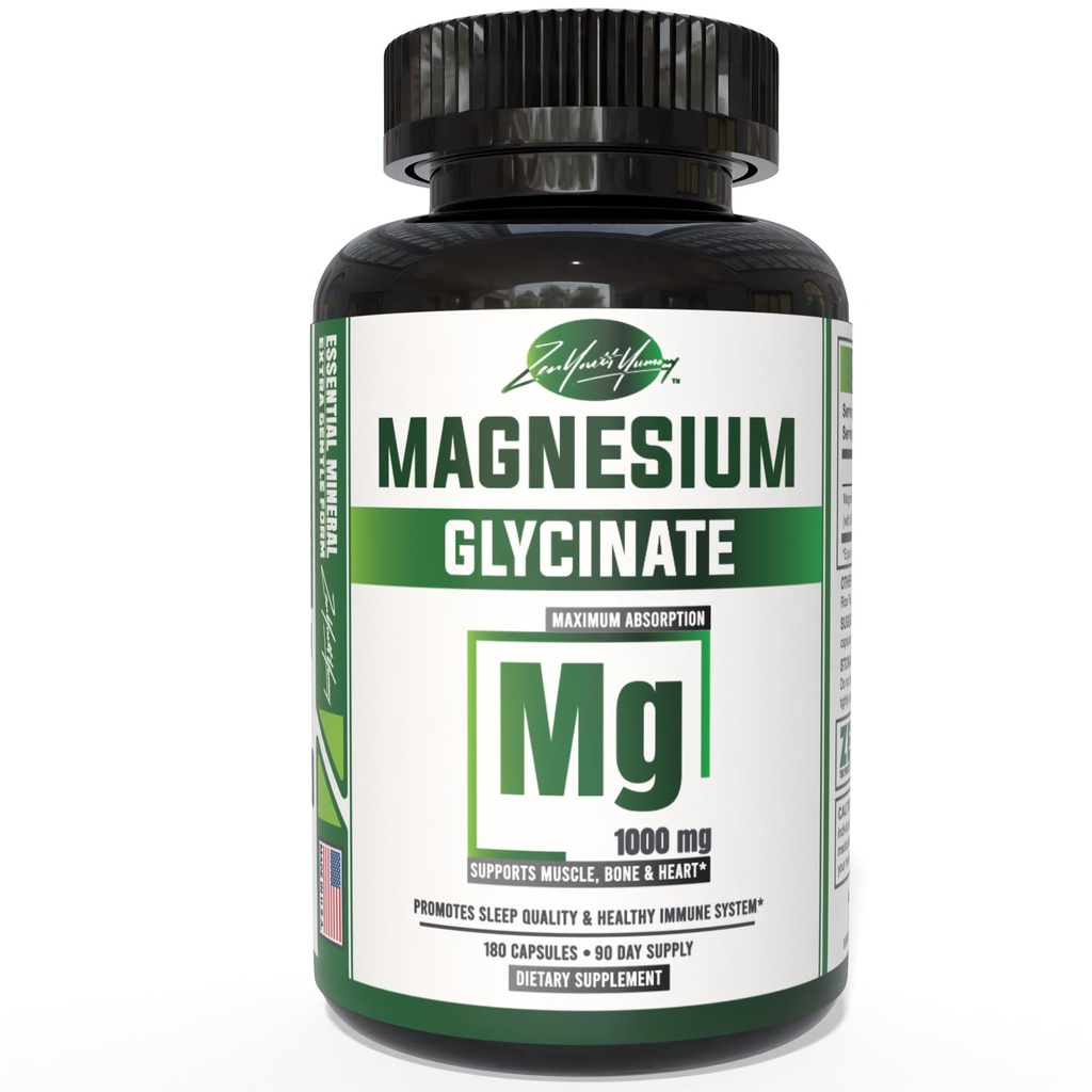 ZY Pure Magnesium Glycinate קפסולות 1000 מ"ג כוח מקסימלי, צ'רד עבור תוספת Absorption Magnesium עבור שינה, שריר, המוח, העצם ובריאות הלב, צד שלישי נבדק, 180 קפסולות