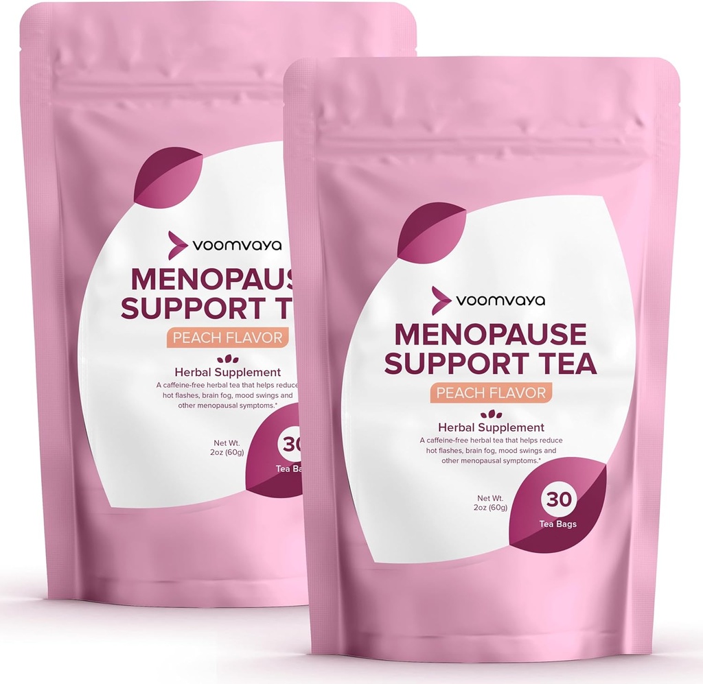 VoomVaya לחסוך 10% על Menopause תומך תה 2Pack Bundle - Natural Menopause הקלה לנשים w / Red Clover & Black Cohosh - Night Sweats & Hot Flashes הקלה - Peach Flavor - 90 Teabags