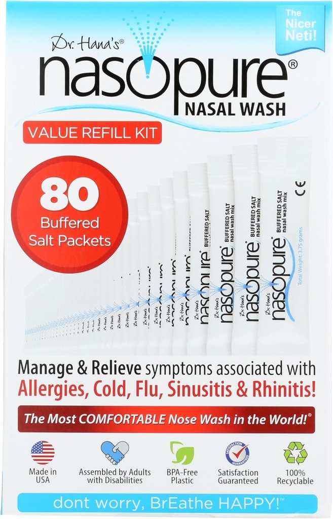 Nasopure Nasal Wash, ערך Refill Kit, "The Nicer Neti Pot" Sinus Wash Kit, Comfortable Nasal Rinse 80 Salt Packets (3.75 גרמים כל אחד), Nasalungestion, Cold, Flu, Allergy, Nasal Irrigation System
