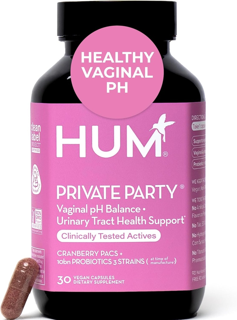 HUM Private Party Vaginal Probiotics for Women, pH Balance and Urinary Tract Support Vaginal Probiotics with Cranberry & Lactobacillus Band, Women's Health Cranberry Pills, 30 קפסולות