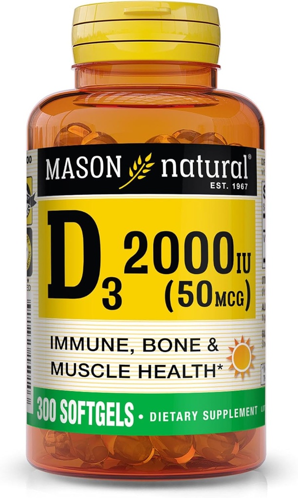 MASON NATURAL ויטמין D3 2,000 IU Ultra כוח, תומך בכח העצם, כוח ובריאות החיסון, 300 Softgels