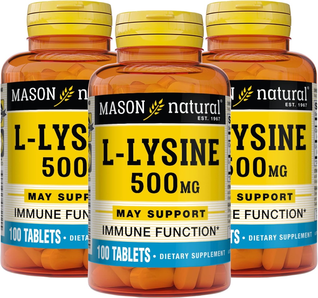 MASON NATURAL L-Lysine 500 מ"ג עם Calcium - שיפור תפקוד Immune, הגדלת Absorption, Essential Amino Acid, 100 טבליות (Pack of 3)