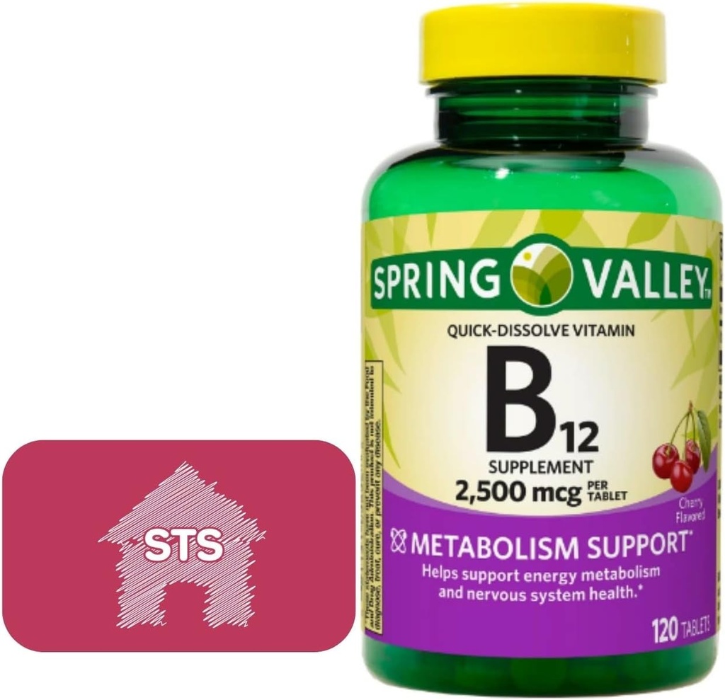 עמק האביב - ויטמין B12 טבליות Quick-Dissolve, 2,500 mcg, Cherry Flavor, 120 Count + STS Sticker.