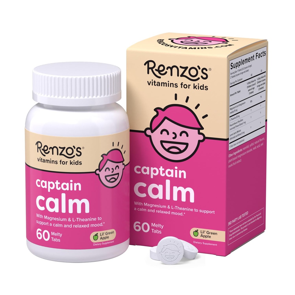 Captain Calm Kids Magnesium תוסף L-theanine, Dissolvable Kids ויטמינים להורדה ו- Mood Support, Sugar-Free Melty Tabs, Green Apple Flavor, 60-Count (1-2 חודש אספקה)