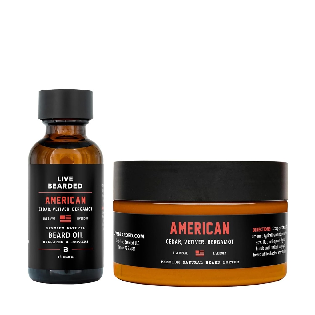 Live Beared Beard Oil and Butter Grooming Kit - Made in the USA - All-Natural Ingredients with Shea, Argan, Jo Joba - תמיכה בצמיחה