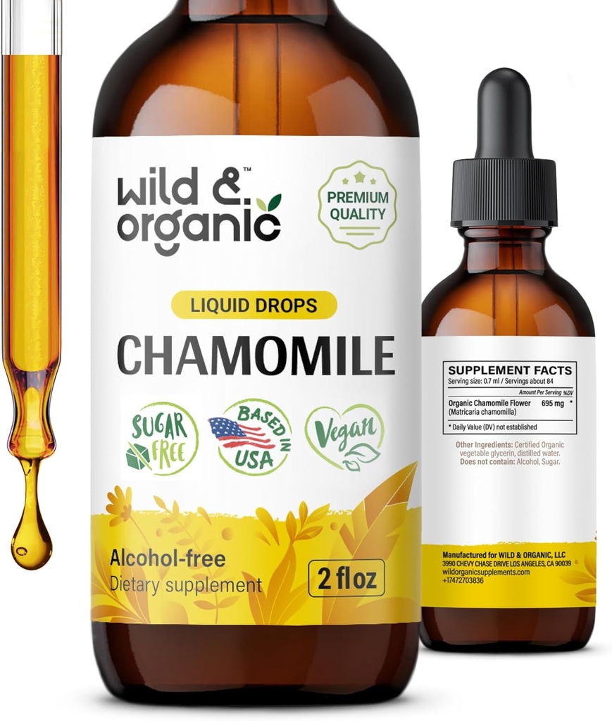 Wild & אורגני Chamomile Tincture - מרגיע & Calming Chamomile תוסף - פלט פרחים נוזלי טיפות - טבעוני, סוכר ואלכוהול חינם - 2 fl oz
